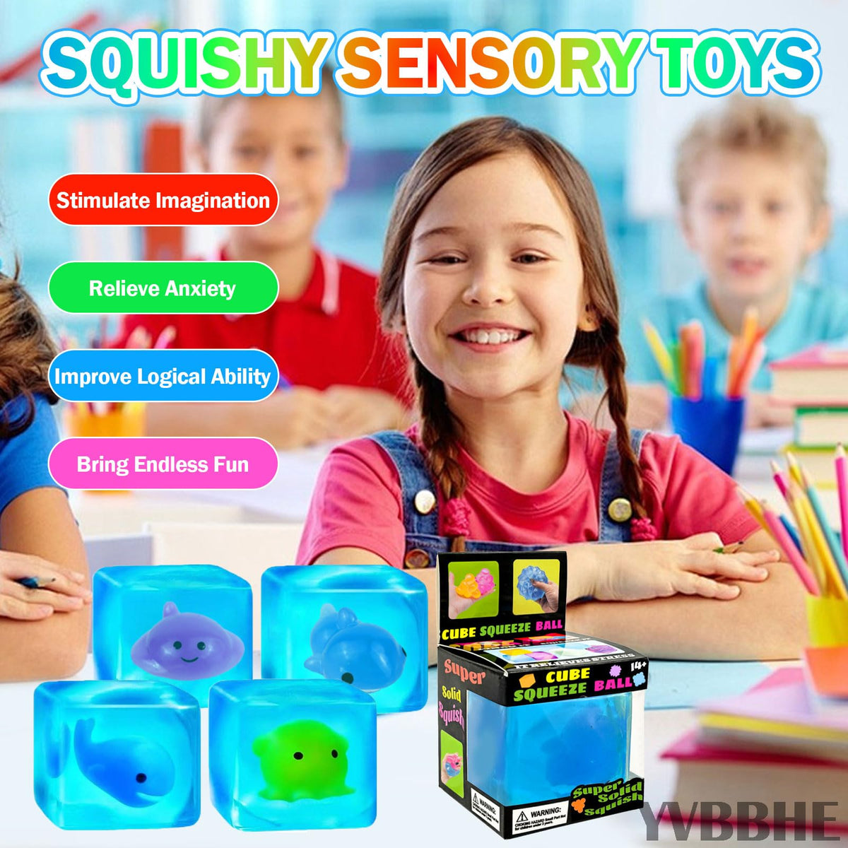 YVBBHE blue glow-in-the-dark squeeze cube glows after light exposure