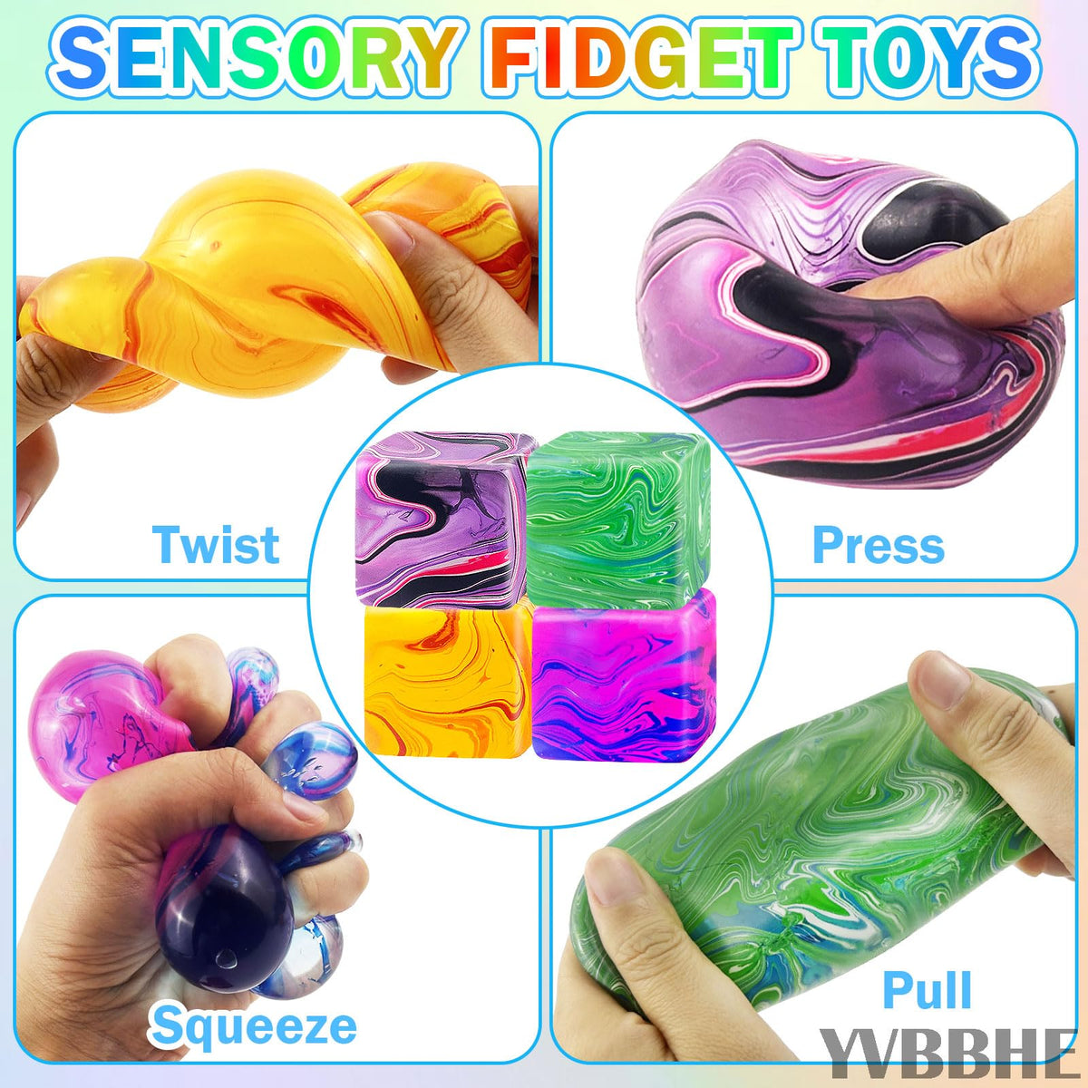 YVBBHE colorful textured squishy cube for sensory exploration.