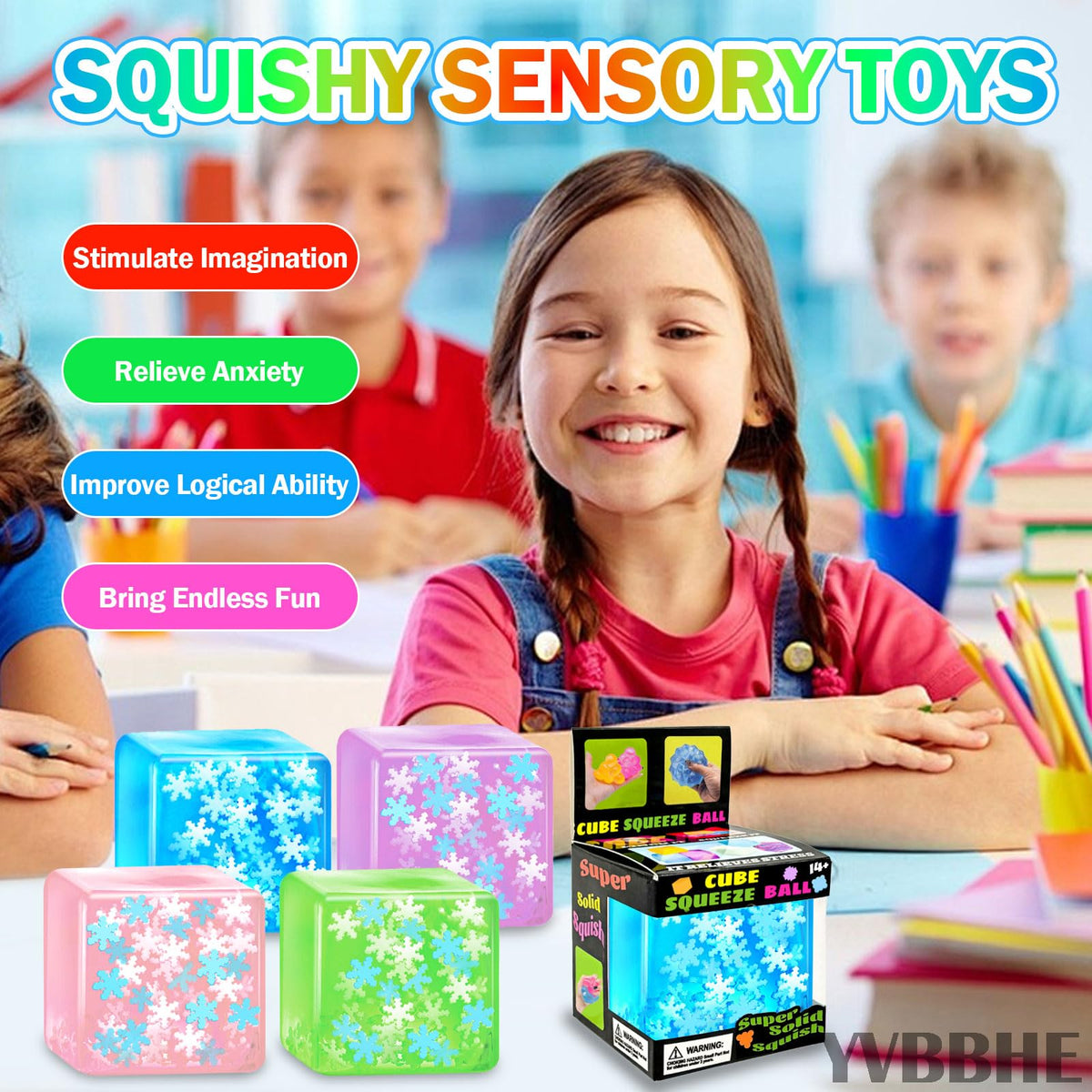YVBBHE squeeze cube close-up shows durable TPR texture for long-lasting use.
