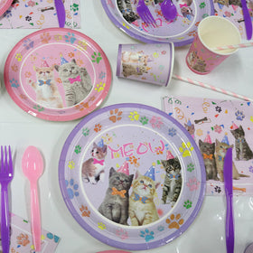 Ywediim cat birthday cups and utensils arranged for serving
