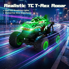 YWMVCM green dinosaur RC car ready for outdoor adventures.