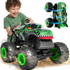 YWMVCM dinosaur RC car with LED lights for immersive night racing.