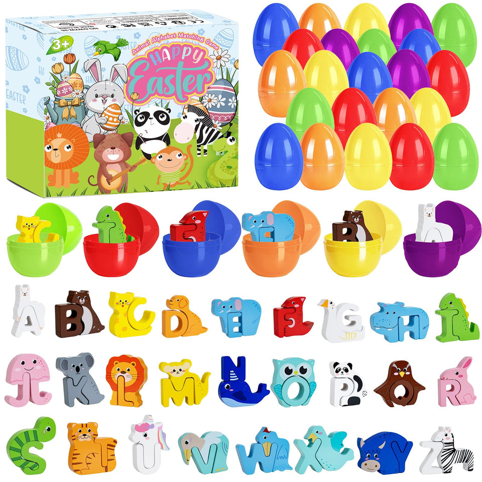 Yxwomenxy Easter eggs with animal letters for engaging alphabet matching play.