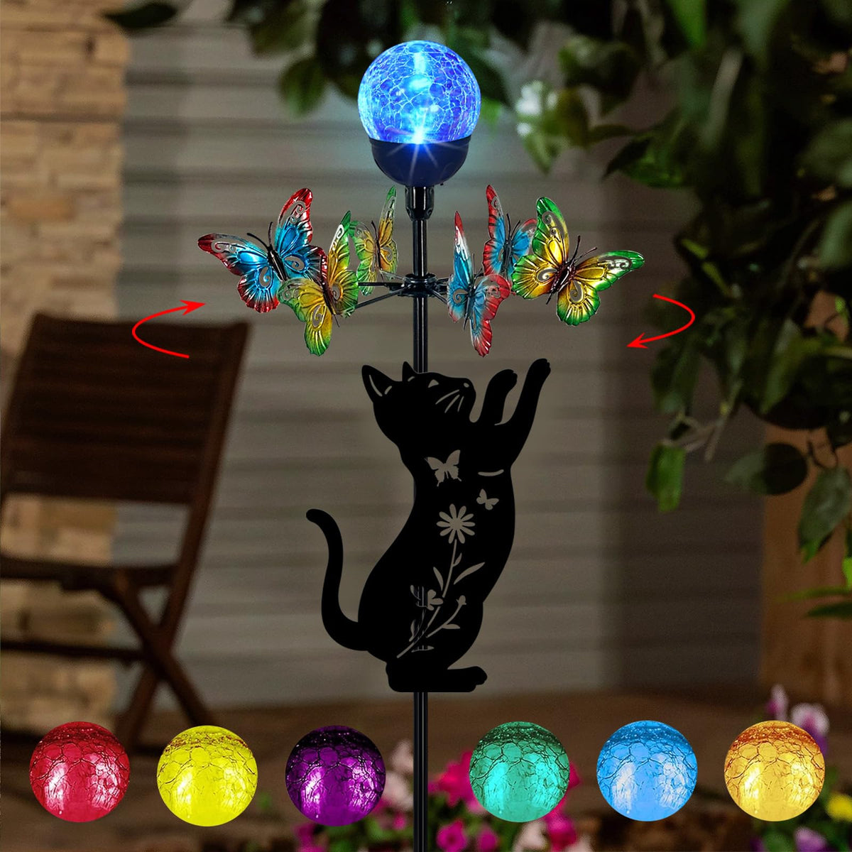 YY Gardenia butterfly wind spinner stake brightens patios with color-changing LEDs.