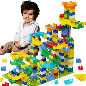 YY LANDTOYS 3in1 marble runs assembly showing colorful blocks and track ideas for creative play