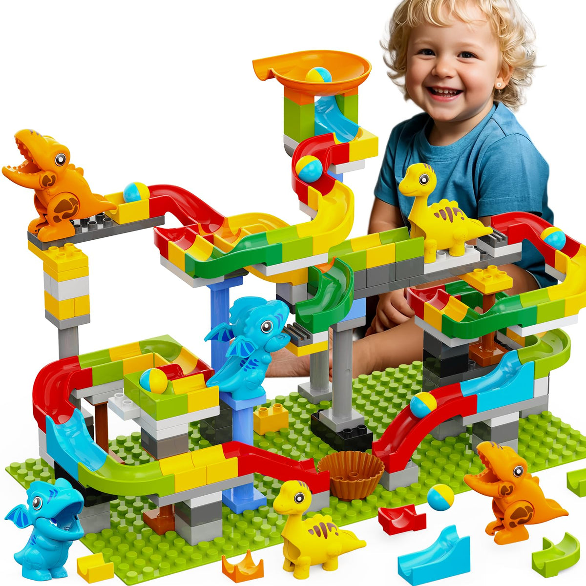 YY LANDTOYS dinosaur marble run overview with tracks for STEM play