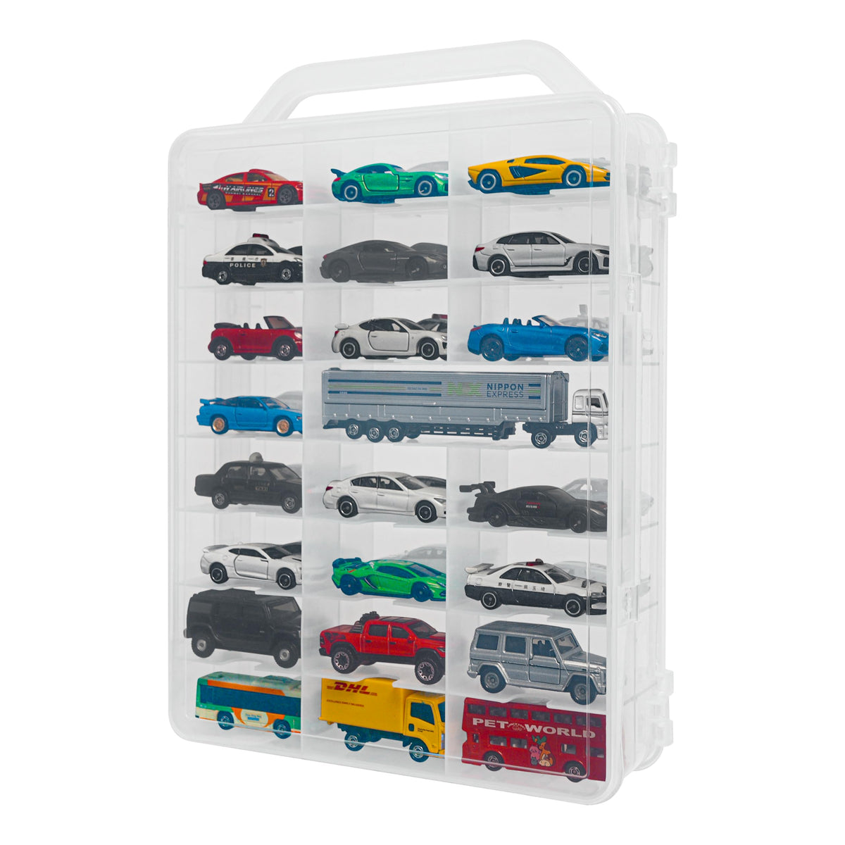 YYDS double-sided toy cars organizer with handle for easy transport.