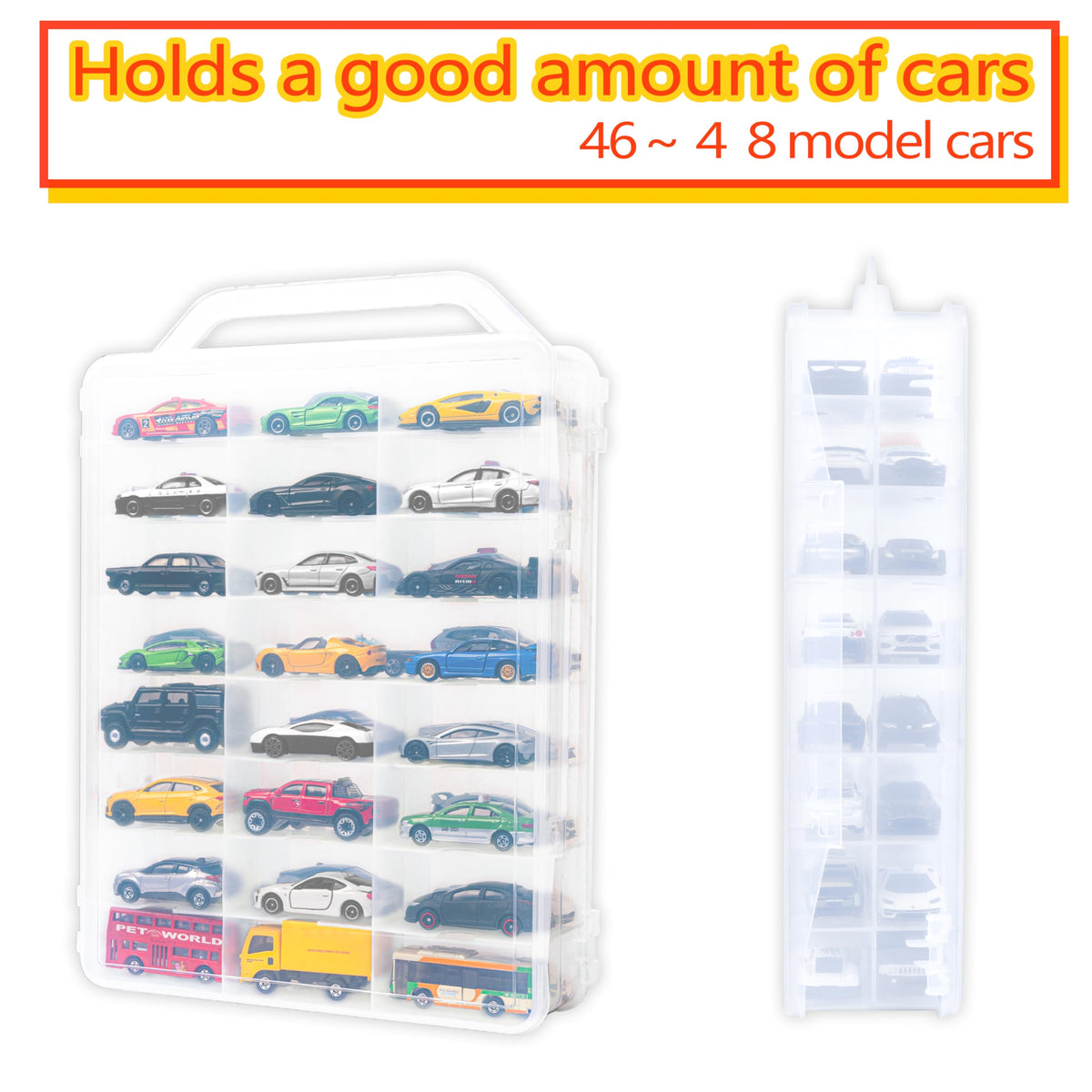 YYDS case with 46 compartments keeps toy cars neatly separated.