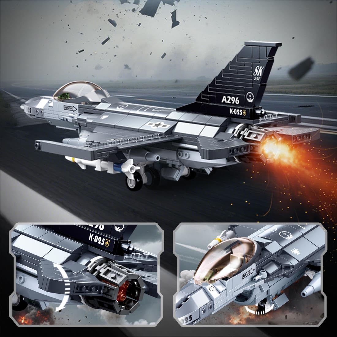 YYKNGYI F16 model compatible with LEGO for versatile builds.