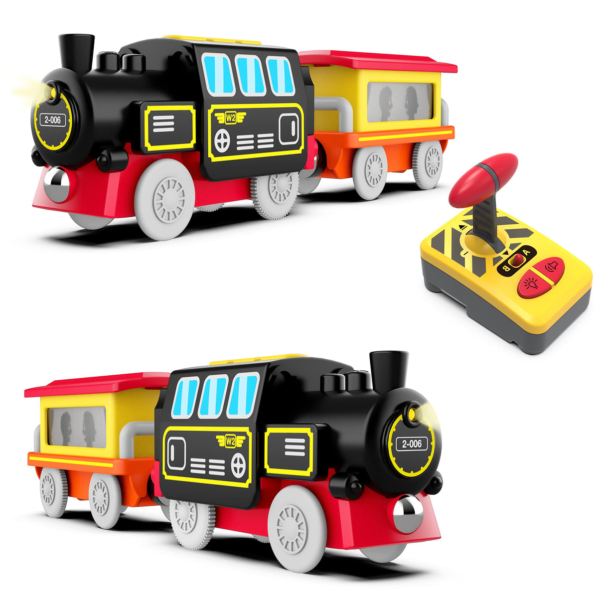Z Mayabbo motorized train on wooden tracks compatible with major brands.