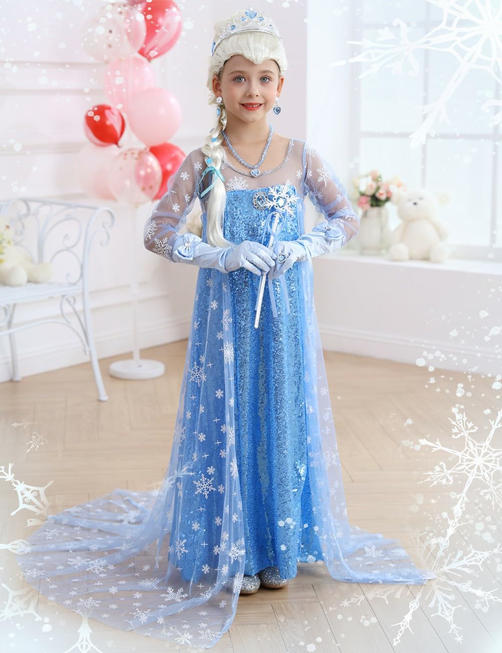 ZaisuiFun Elsa cape with snowflake print adds wintery charm to a costume.