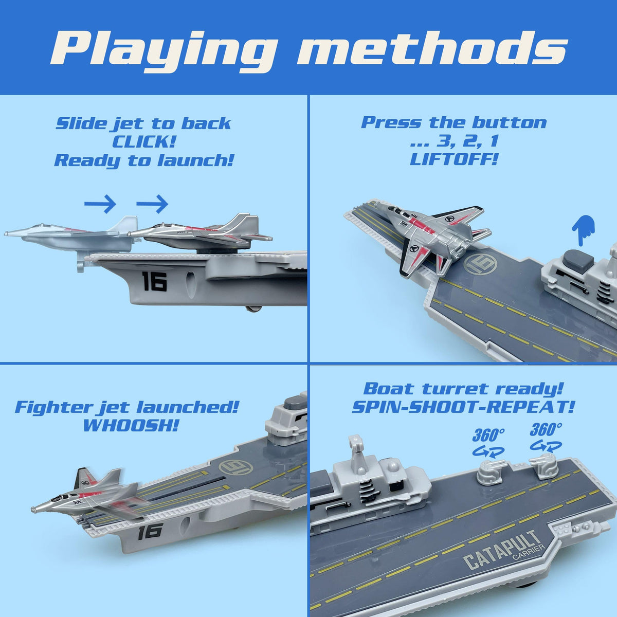 ZAKVENFUN shell launcher and stern launcher details highlight interactive features.