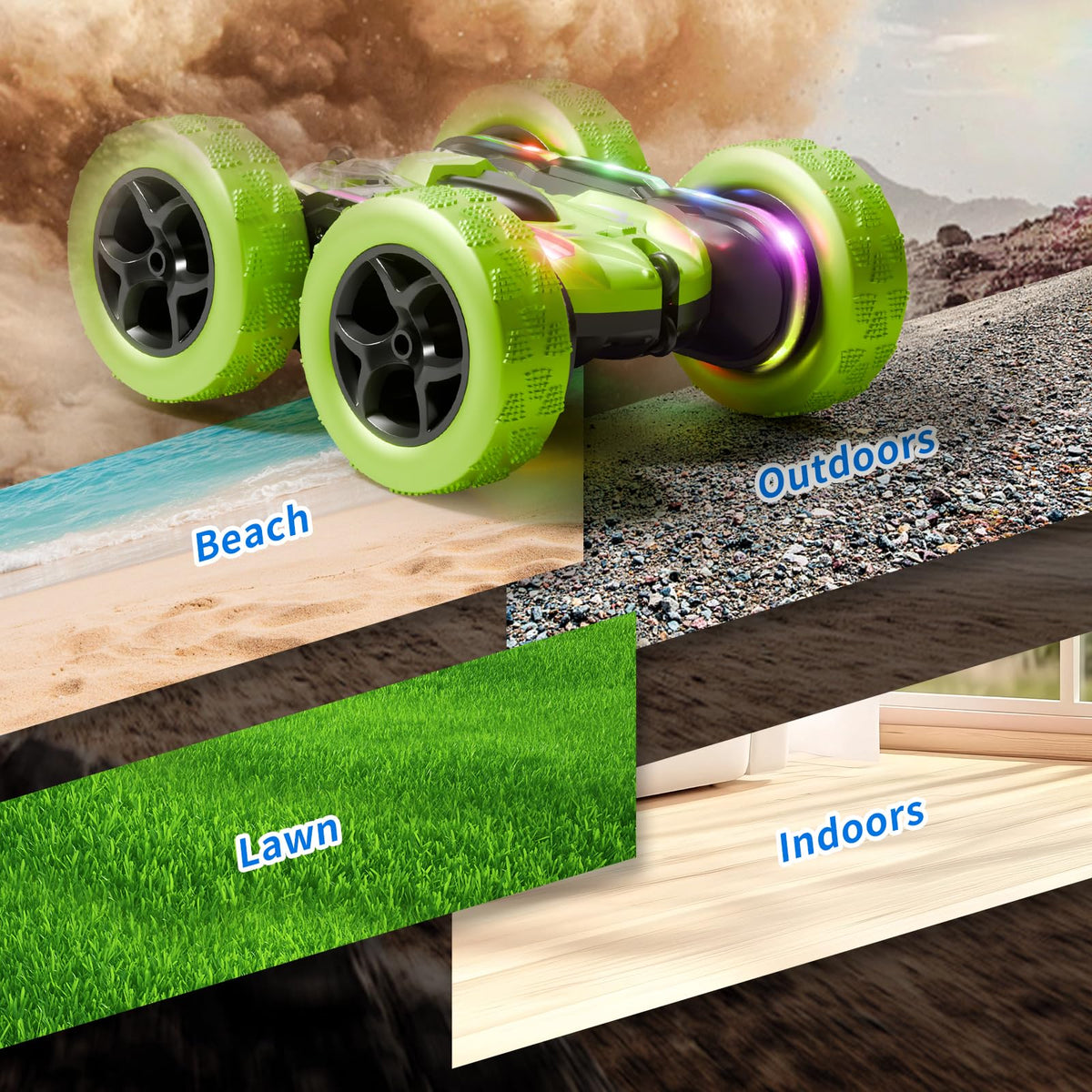 Zalneo deep-tread tires grip carpet, hardwood, lawn, and sand.