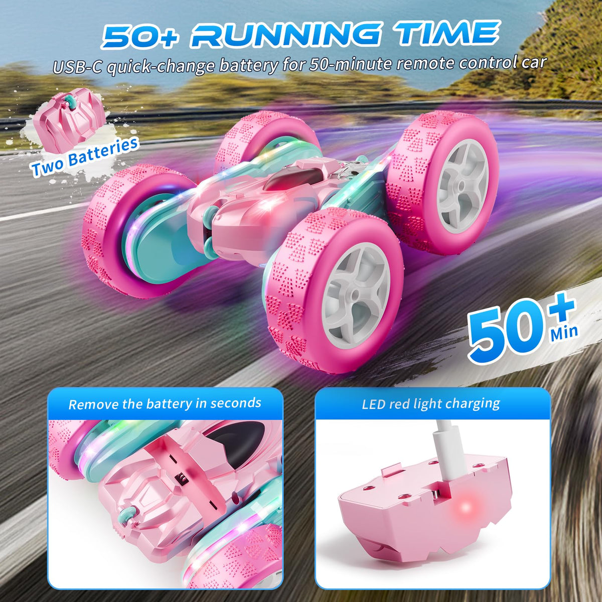 Zalneo pink RC car performing 360-degree flips for dramatic stunts