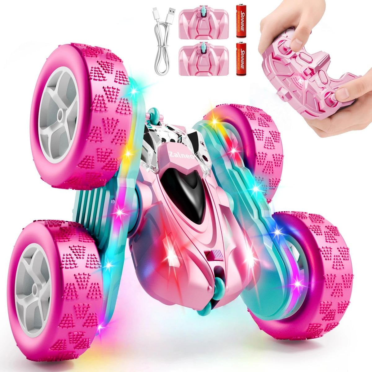 Zalneo pink 4WD RC car shown ready for outdoor play and action