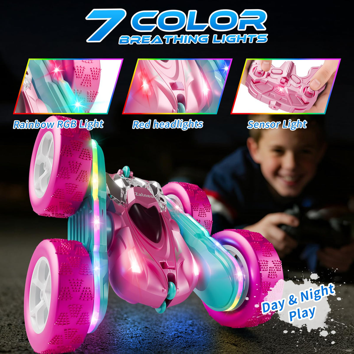 Zalneo pink RC car LED light bar displaying seven colors at dusk
