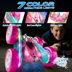 Zalneo pink RC car LED light bar displaying seven colors at dusk