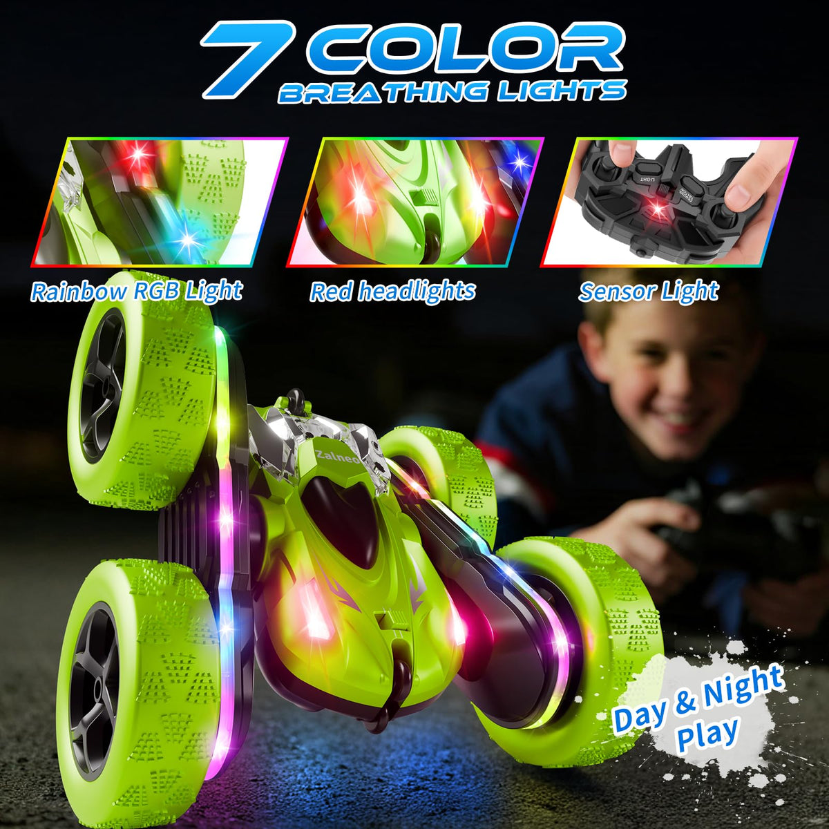 Zalneo remote control car performing 360 flips for dynamic stunt play.