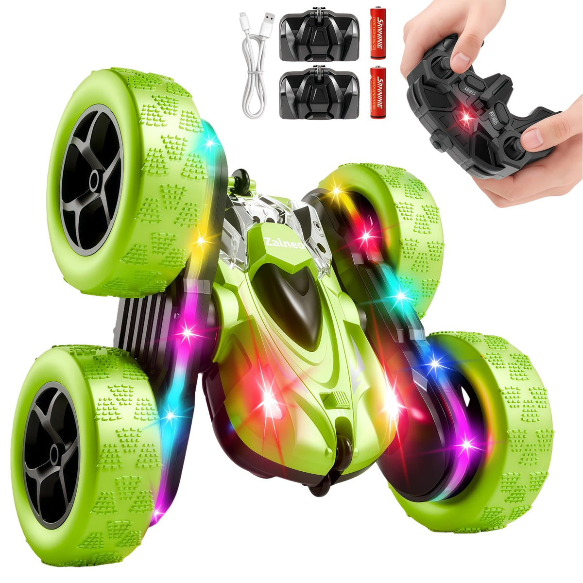 Zalneo remote control car 4WD front view highlights rugged build for versatile play.