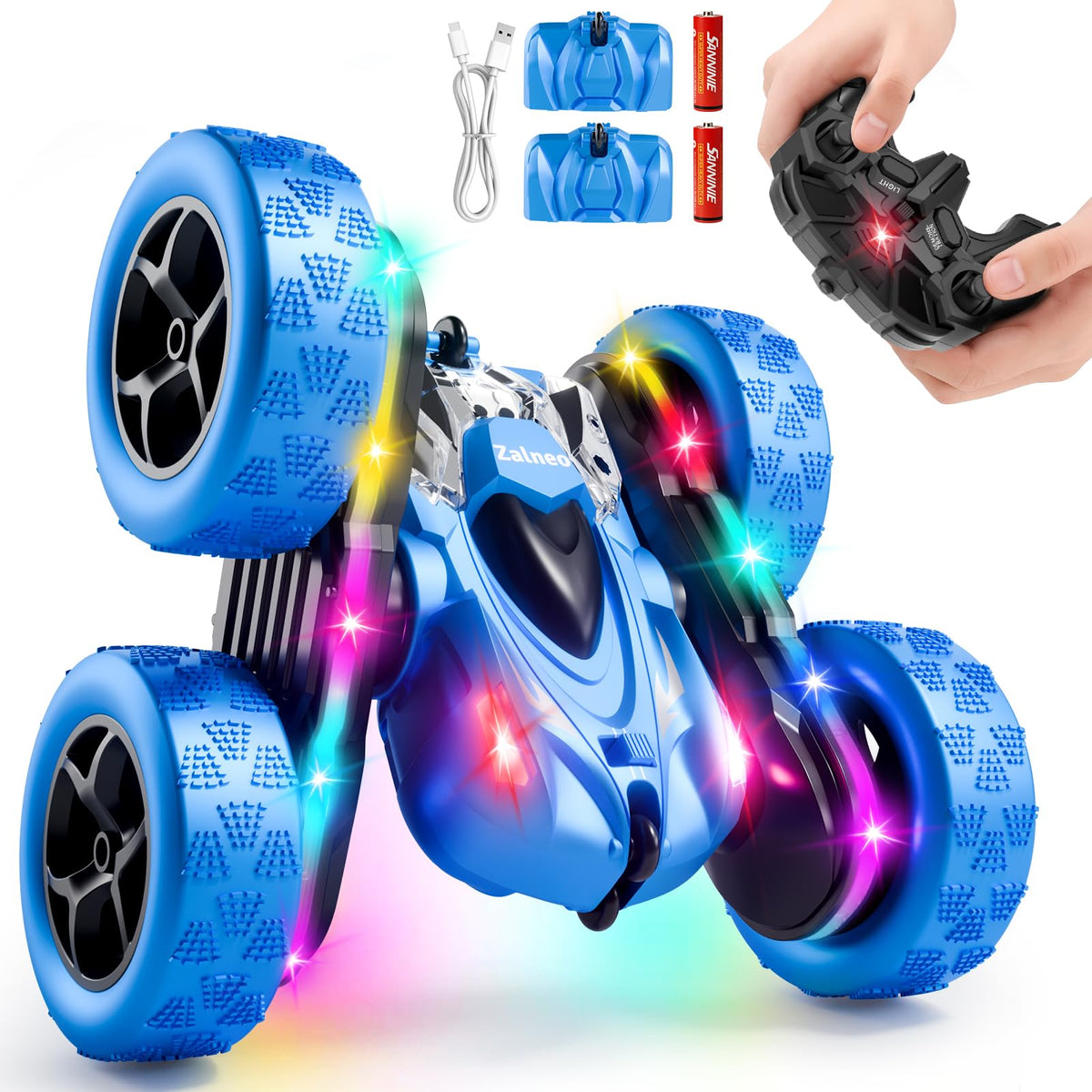 Zalneo remote control stunt car blue front view highlights durable indoor/outdoor play
