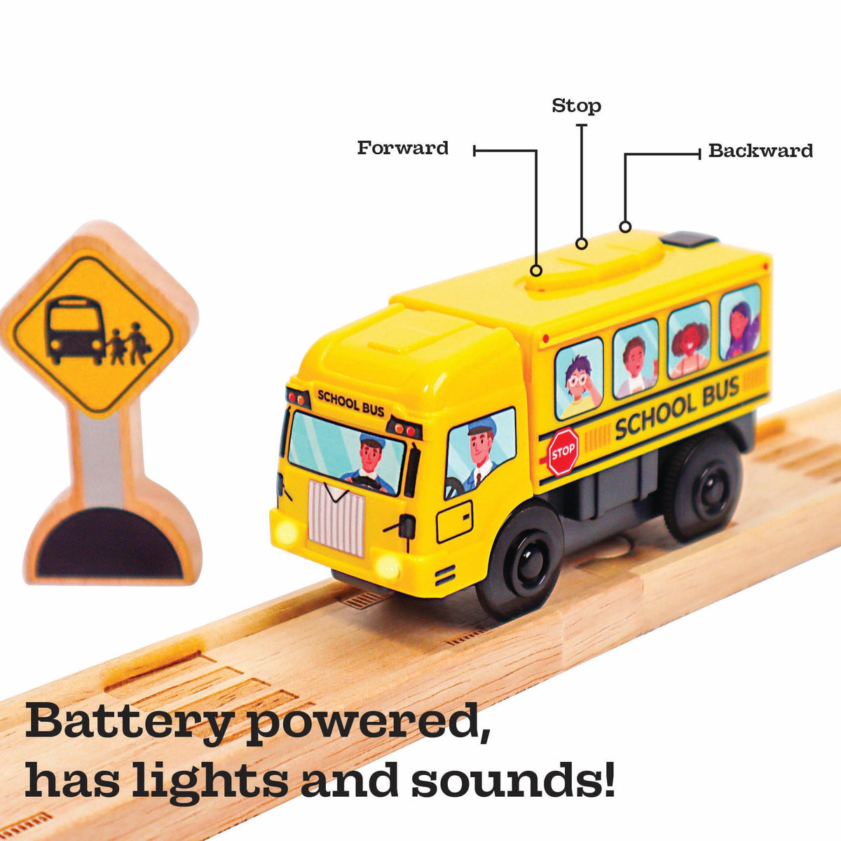 Zany Trains wooden bus stop sign included for realistic city scenes.