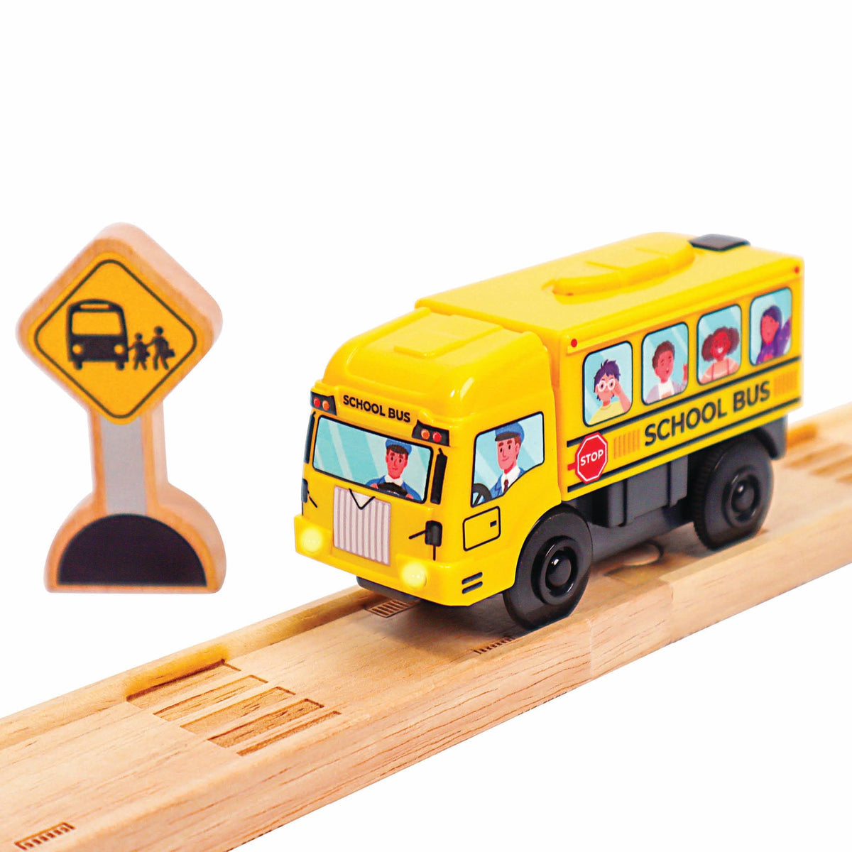 Zany Trains motorized school bus front view with lights for imaginative play.