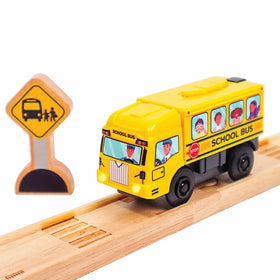 Zany Trains motorized school bus front view with lights for imaginative play.
