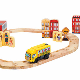 Zany Trains wooden city track layout for versatile play space.