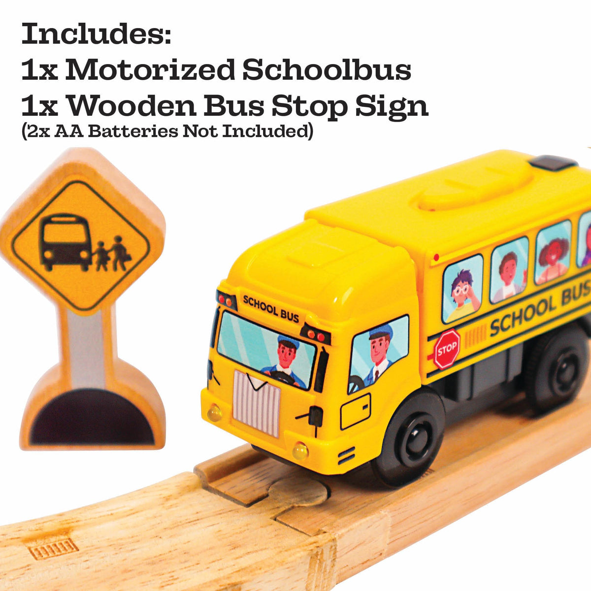 Zany Trains yellow school bus battery compartment close-up for easy setup.