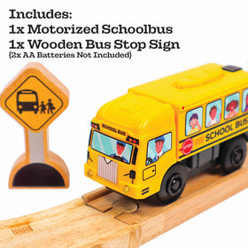Zany Trains yellow school bus battery compartment close-up for easy setup.