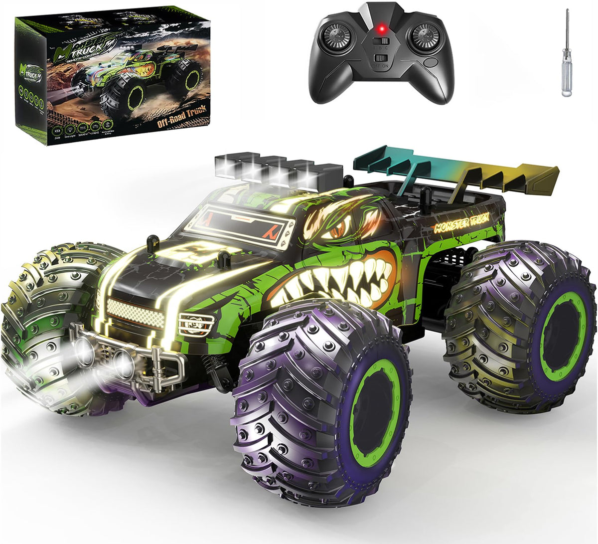 Zappido Dino Monster Truck front view with bright headlights for night racing.