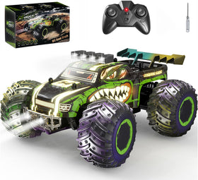 Zappido Dino Monster Truck front view with bright headlights for night racing.