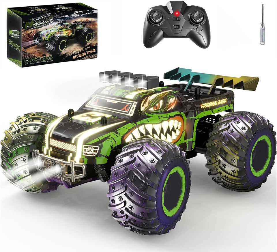 Zappido Dino Monster Truck front view with bright headlights for night racing.