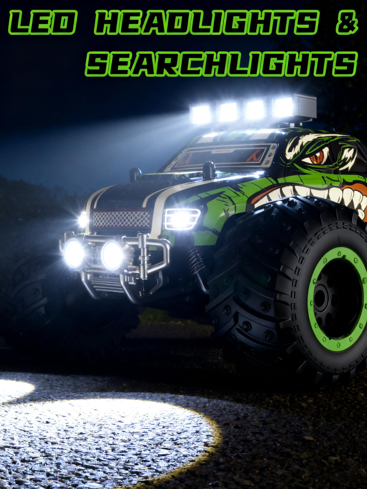 Zappido Dino Monster Truck night illumination for dramatic outdoor races.