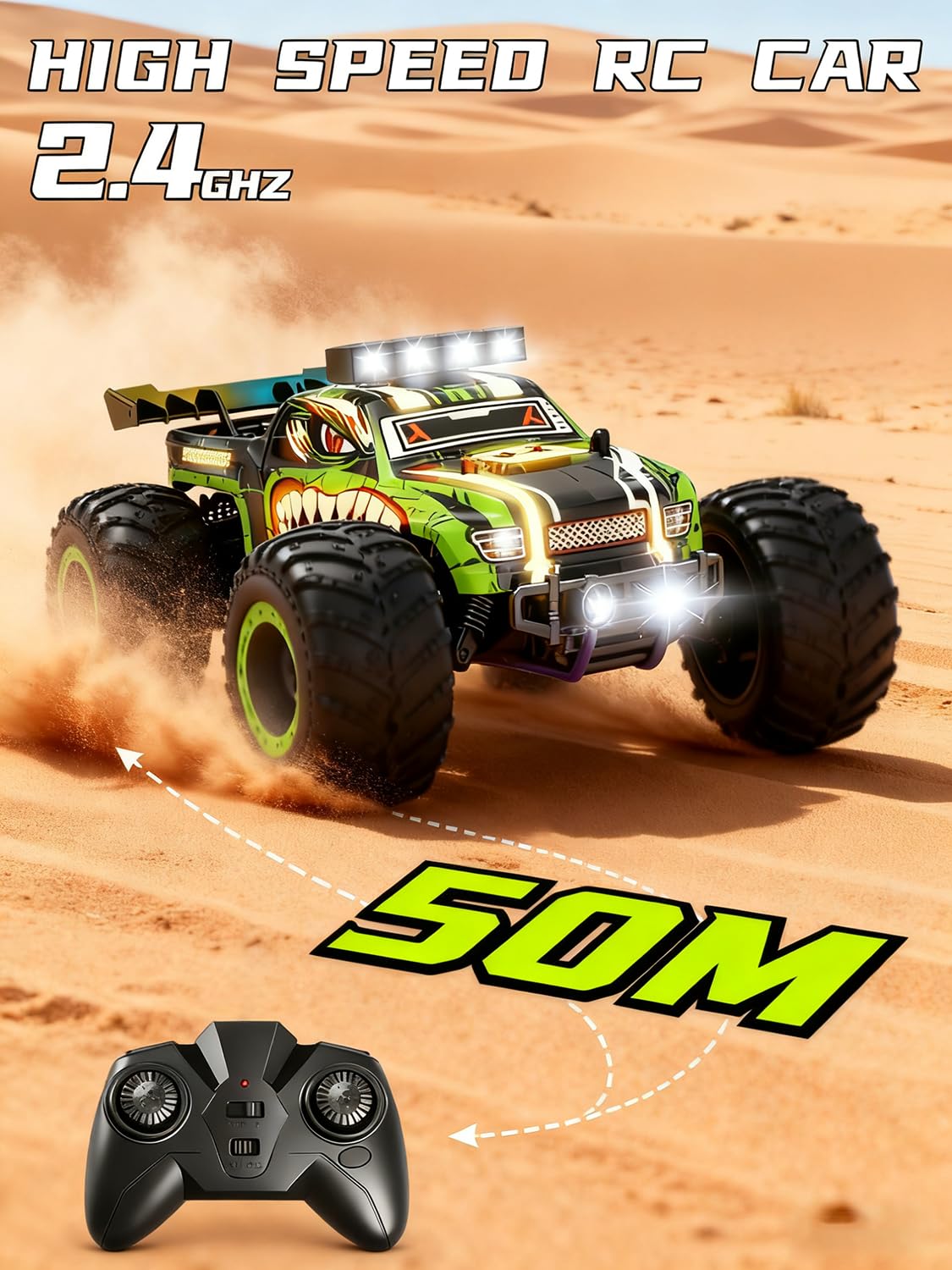Zappido Dino Monster Truck off-road action on uneven terrain.