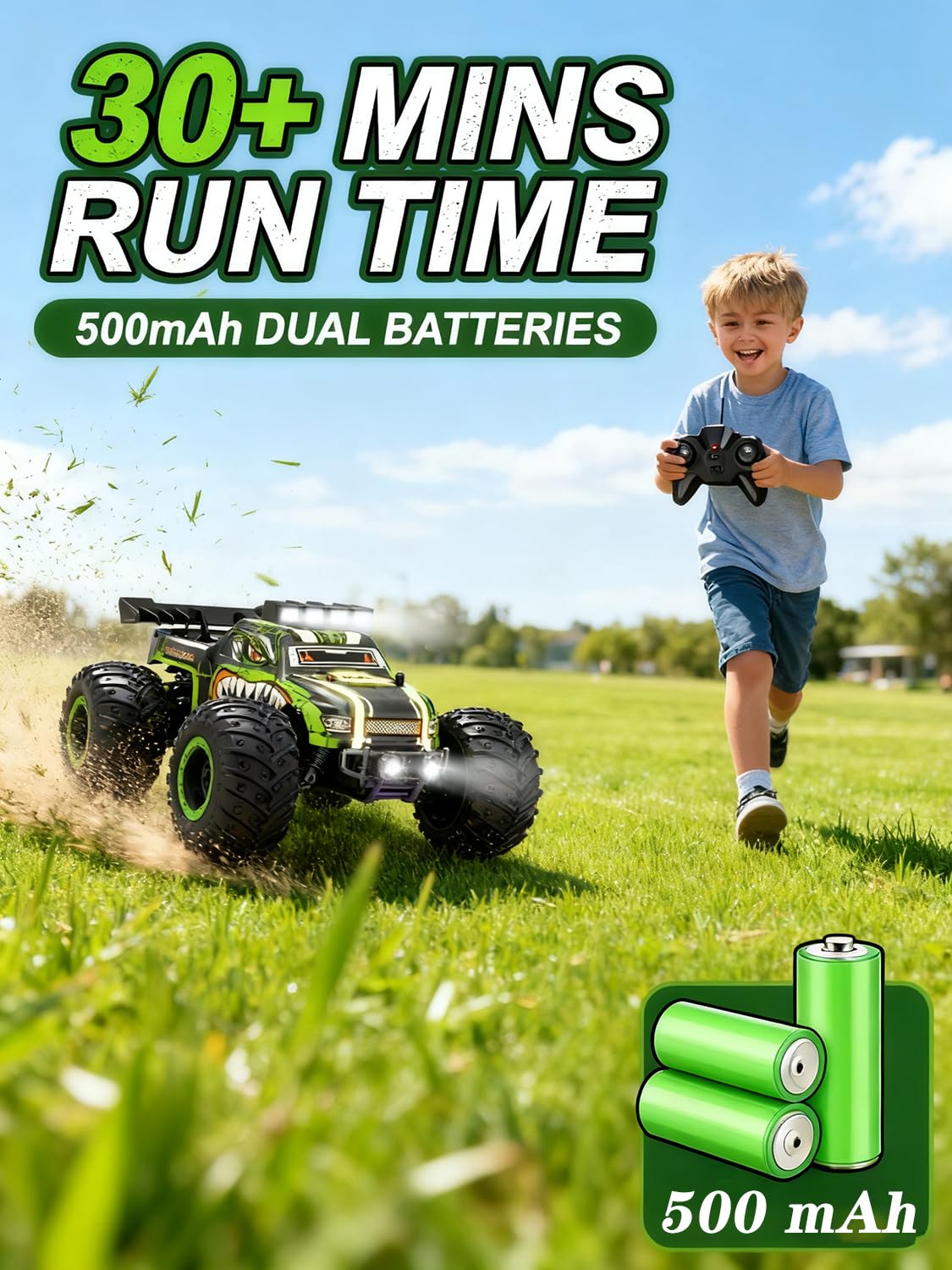 Zappido Dino Monster Truck flexible shell absorbing impacts on bumps.