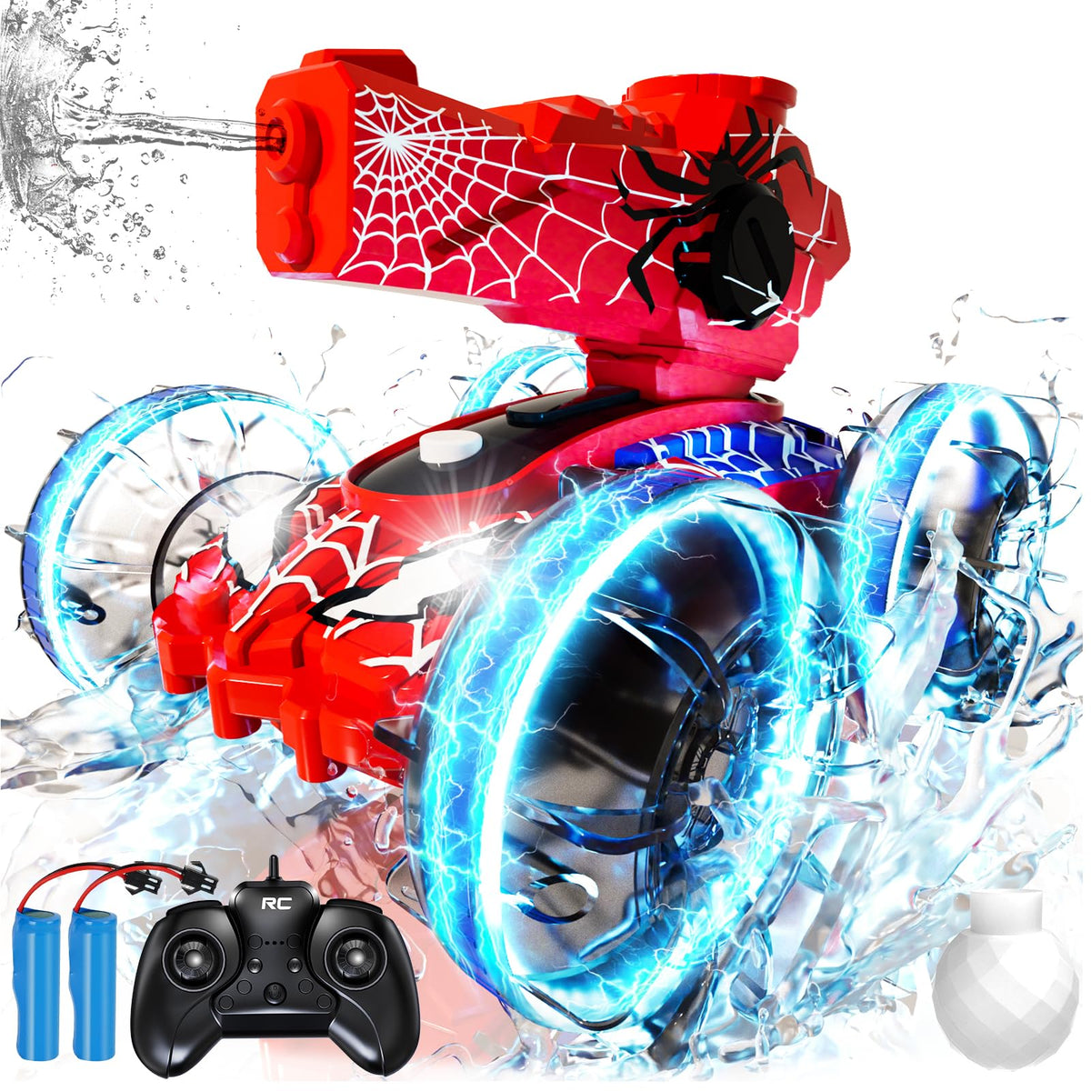 Zappyway Spider RC Car front view highlights rugged waterproof design for land and water play.