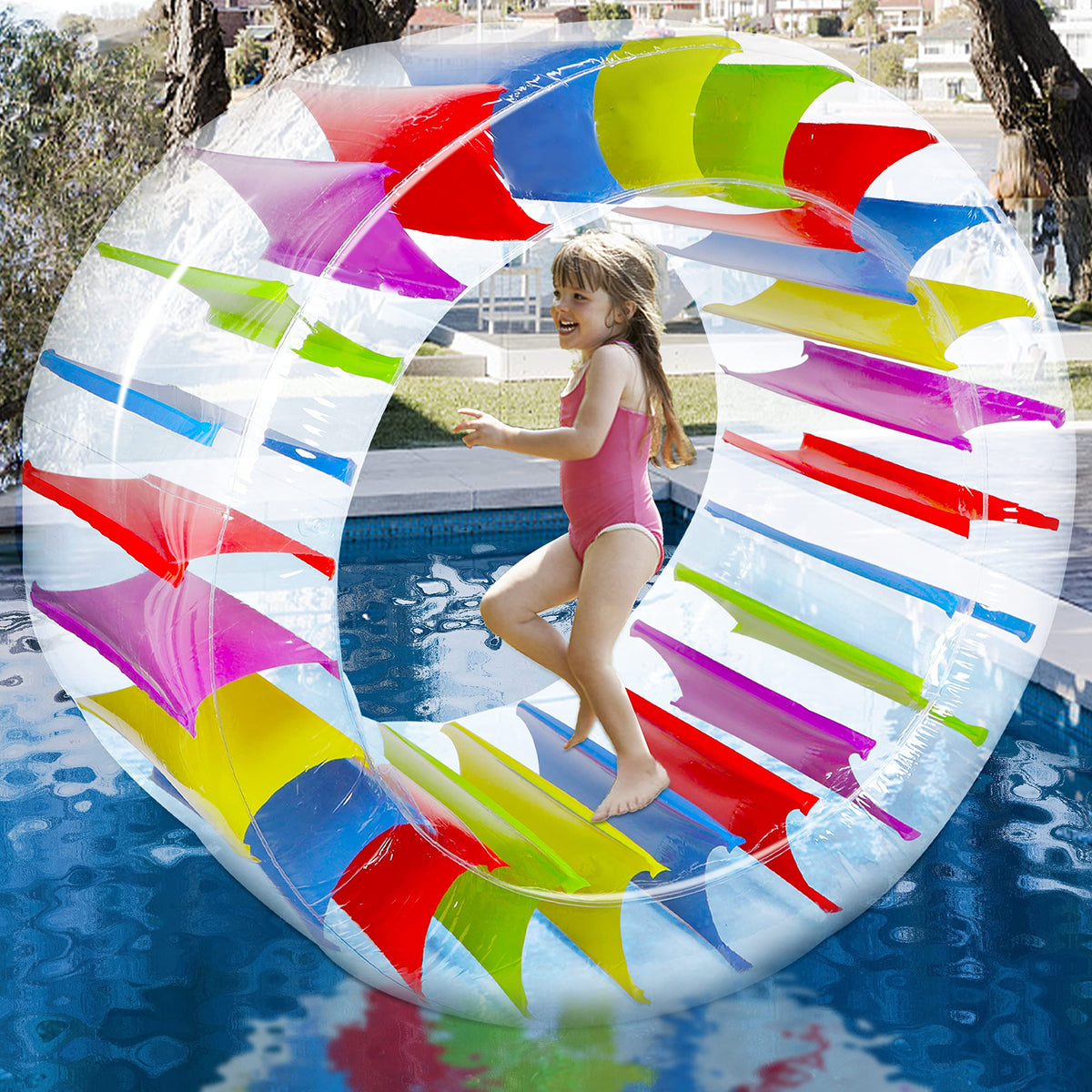 Zcaukya 65-inch giant inflatable wheel roller for pool and lawn play.
