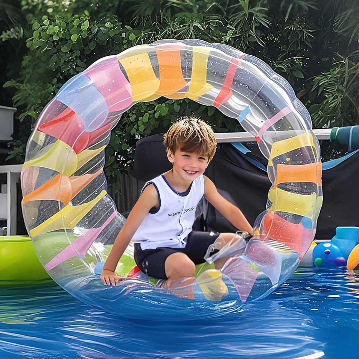 Zcaukya water wheel on lawn supports rolling play and portable storage