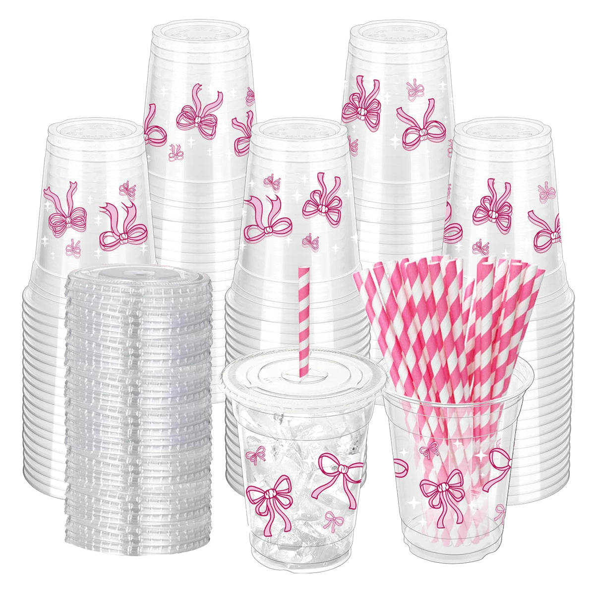 ZCPTZ pink bow cups 12oz with lids and straws for convenient serving.