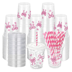 ZCPTZ pink bow cups 12oz with lids and straws for convenient serving.