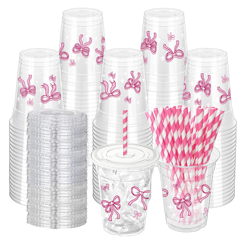 ZCPTZ pink bow cups 12oz with lids and straws for convenient serving.