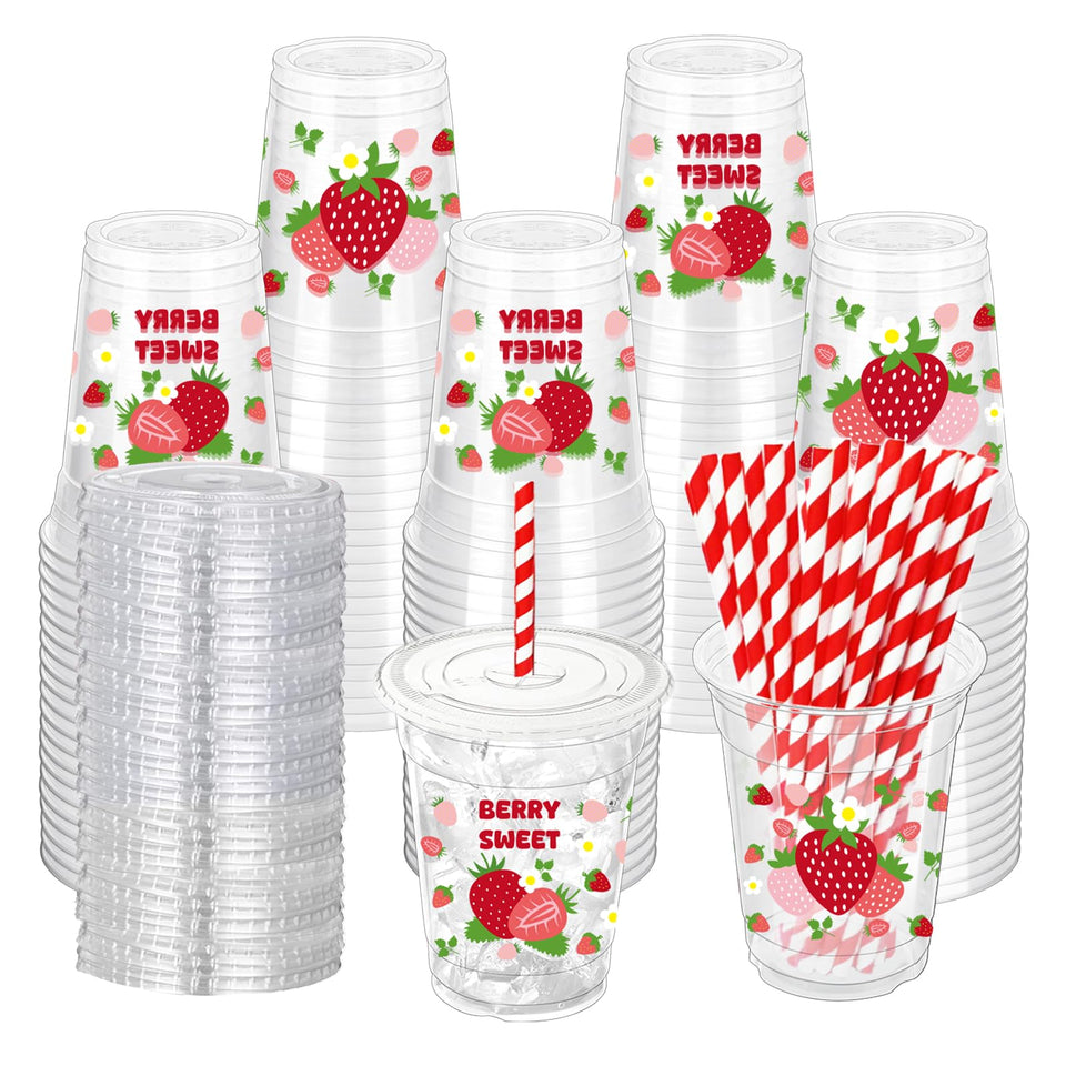 ZCPTZ strawberry cups 12oz with lids and straws for easy party serving