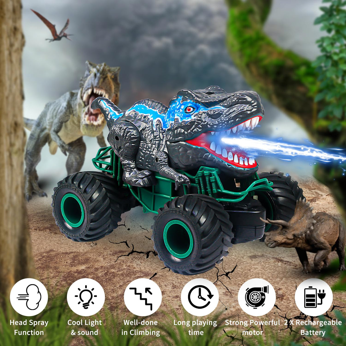 ZDCZ Dinosaur RC car sprays water from the head for dramatic effects.