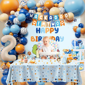 ZDHOOKAN blue-orange backdrop and tablecloth brighten the party space.