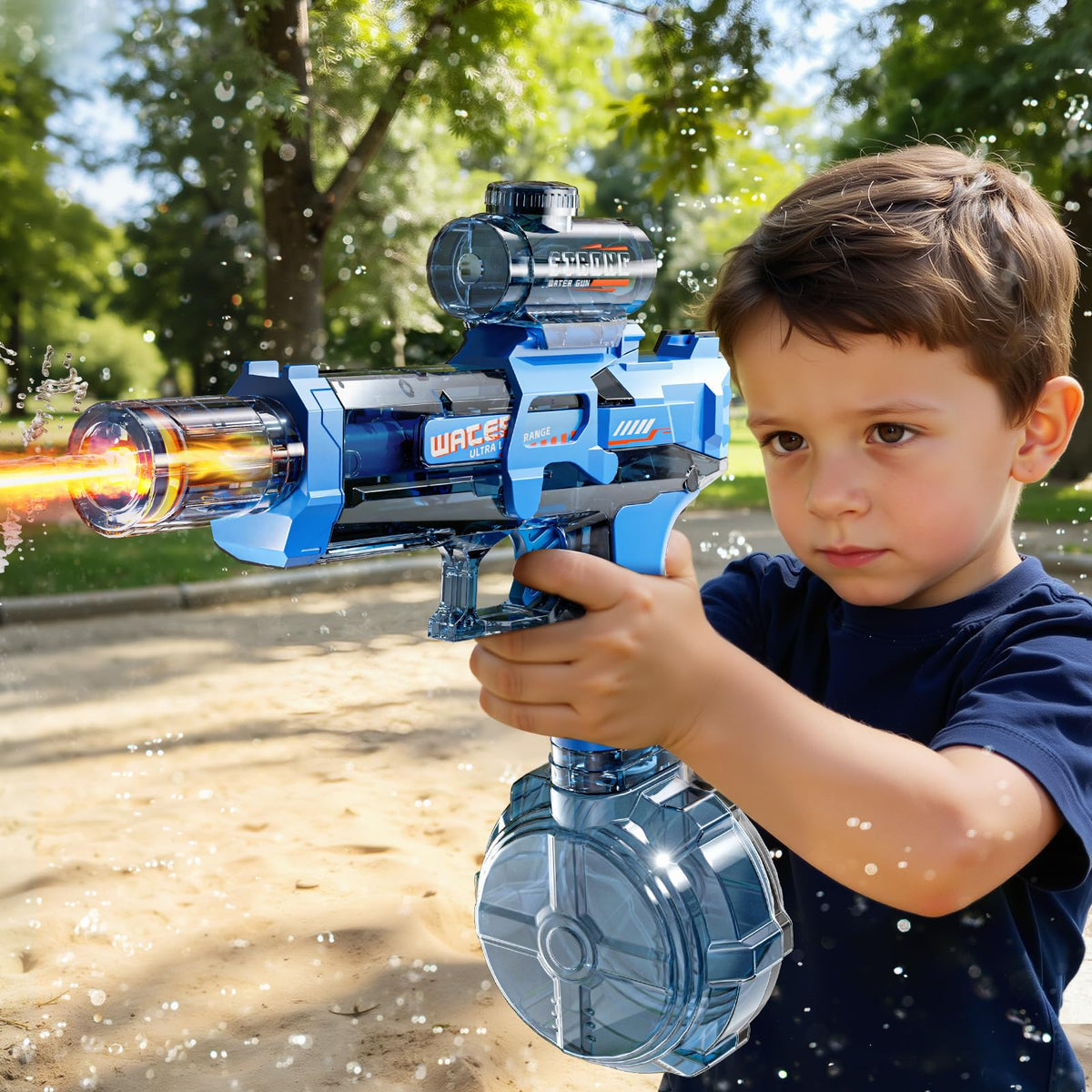 ZDRKWSM water gun shows long-range reach up to 32 feet for backyard wars.