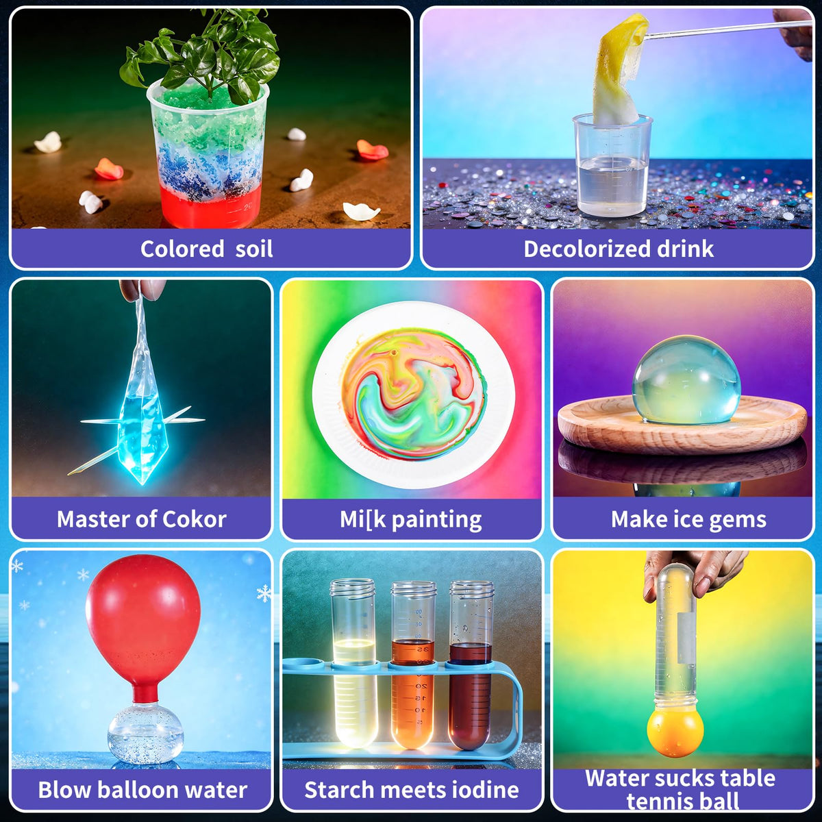 Rainbow rain and fountains demonstrations by ZDRKWSM brighten experiments.