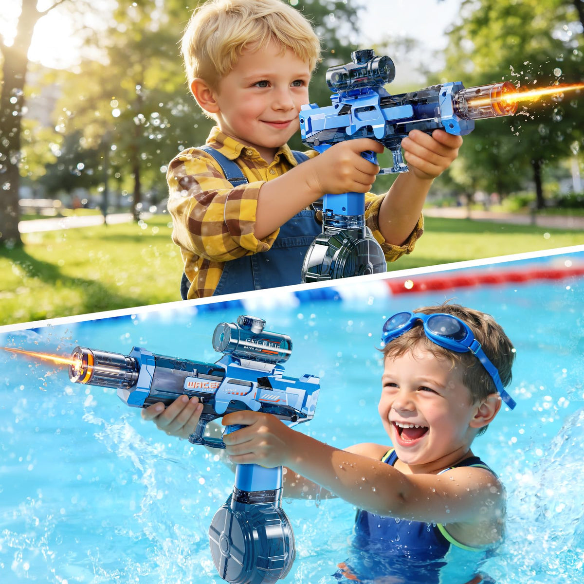 ZDRKWSM water gun includes two rechargeable batteries for extended play.