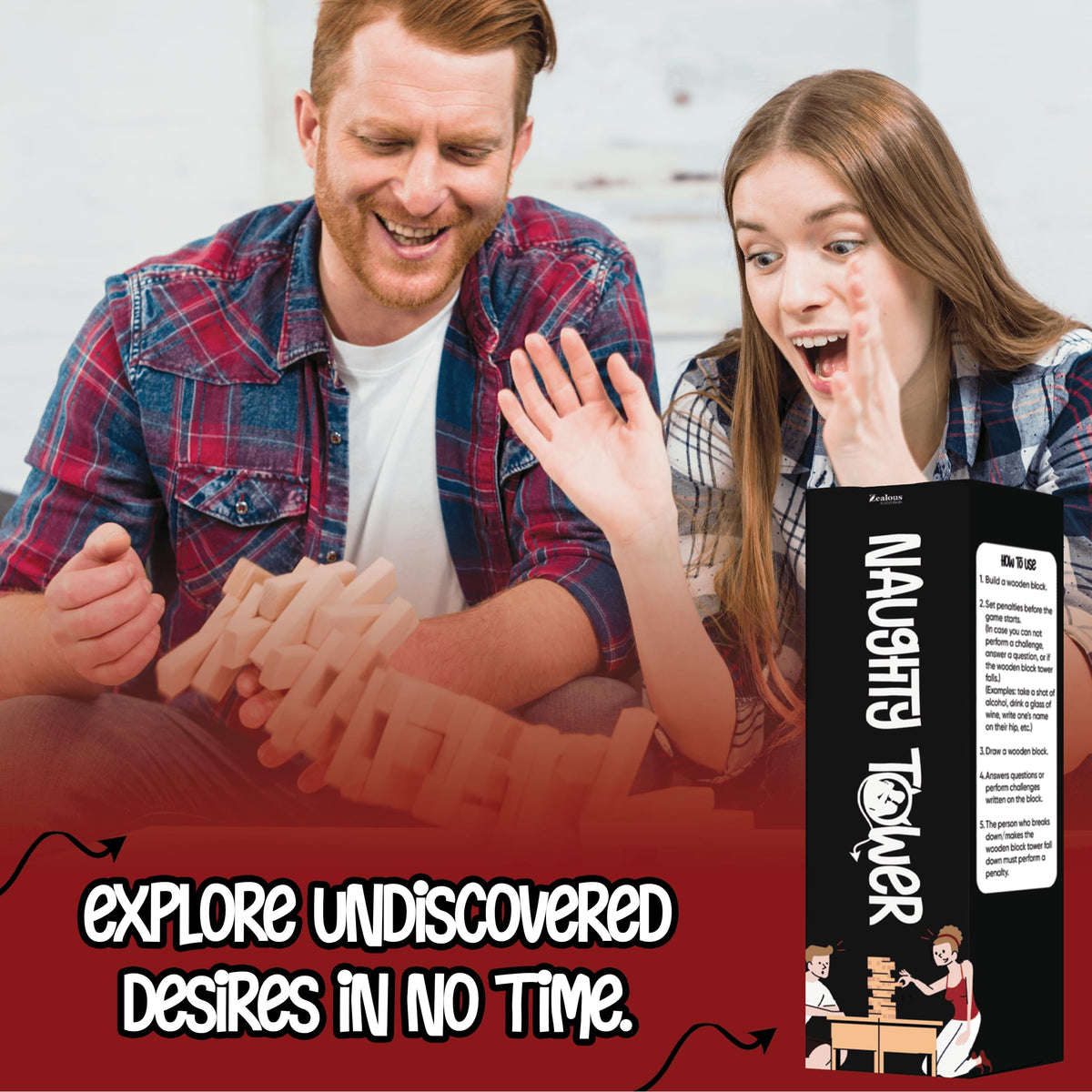 Zealous Nutrition Naughty Tower close-up blocks showcase prompts for smiles.