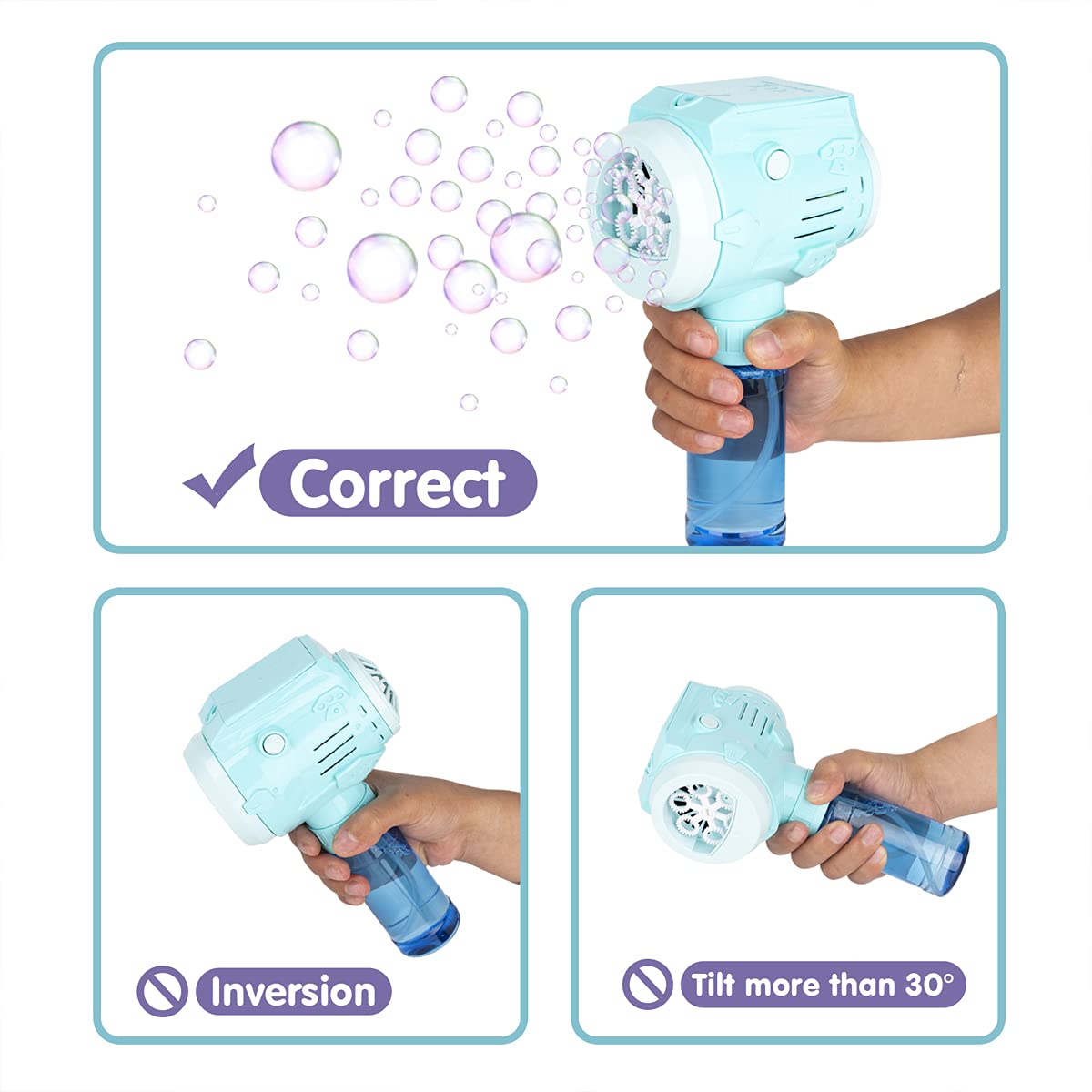 Zealous Toys handheld bubble maker powered by batteries in close-up